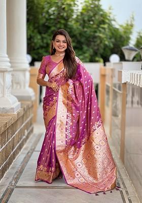 Magenta Zari Printed Blended Saree Set