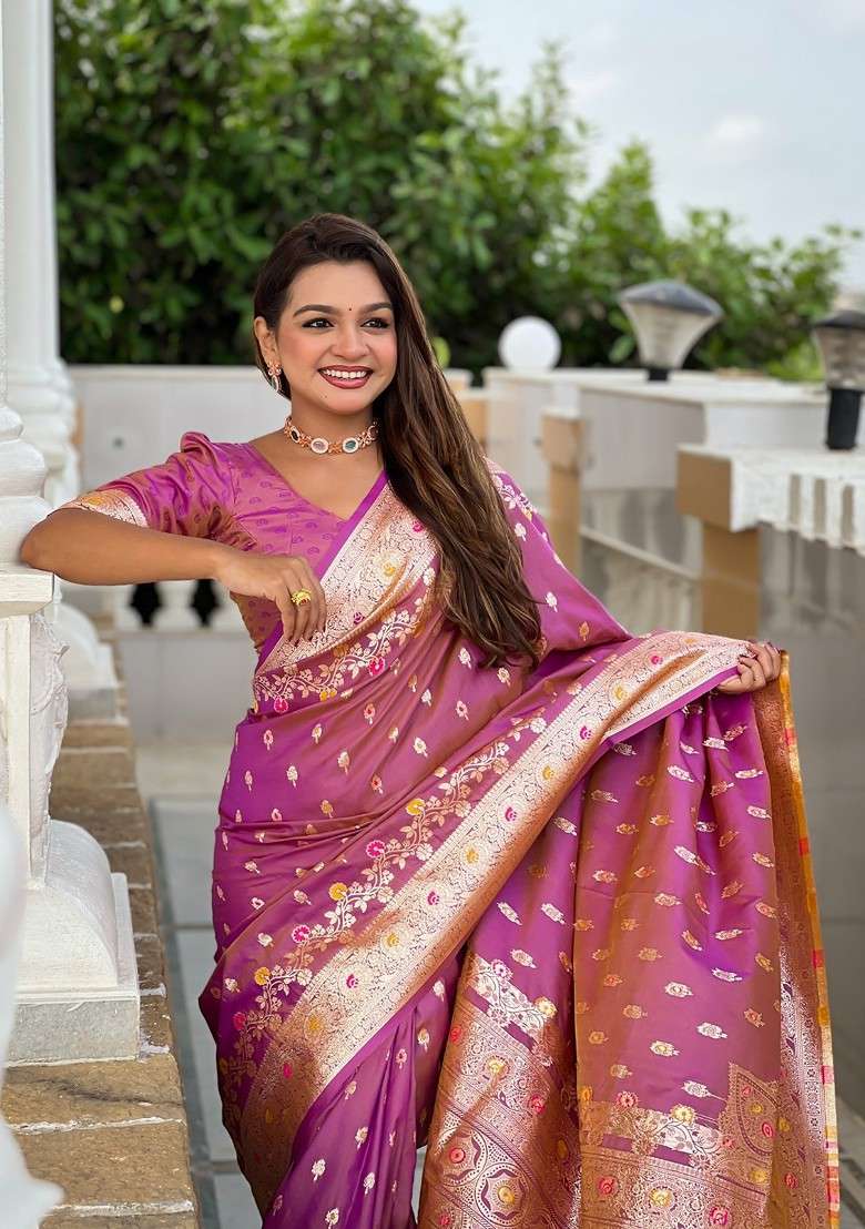 Magenta Zari Blended Saree Set with Printed for Diwali | Wedding & Festive Wear - Indya