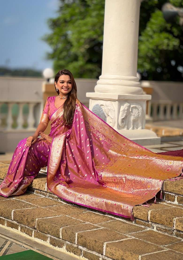 Magenta Zari Blended Saree Set with Printed for Diwali | Wedding & Festive Wear - Indya