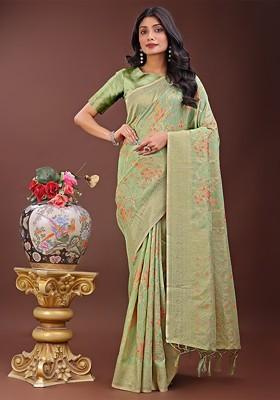 Green Zari Printed Blended Saree Set