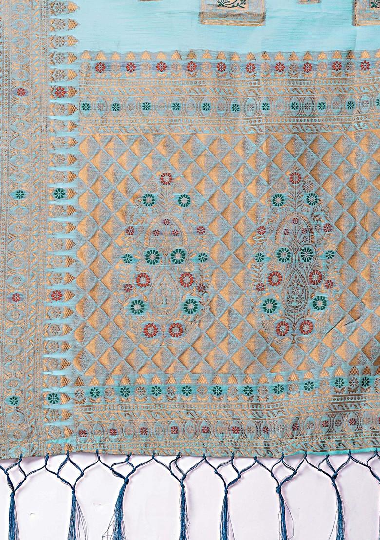 Teal Zari Printed Blended Saree Set - Indya