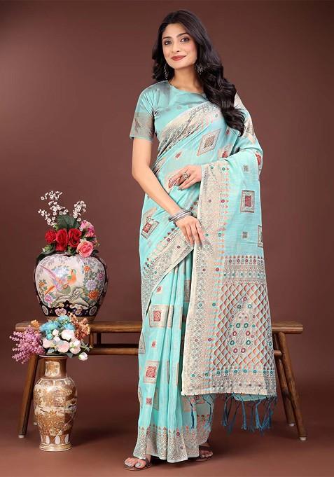 Teal Zari Printed Blended Saree Set