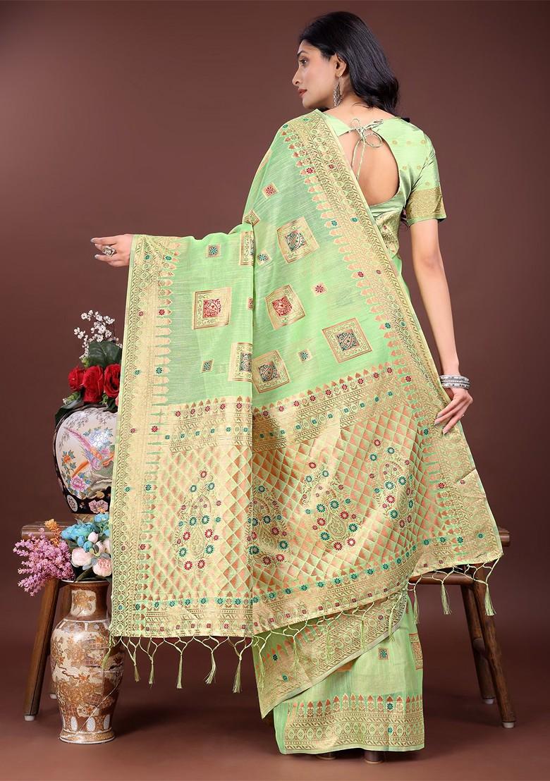 Green Printed Blended Saree Set - Indya