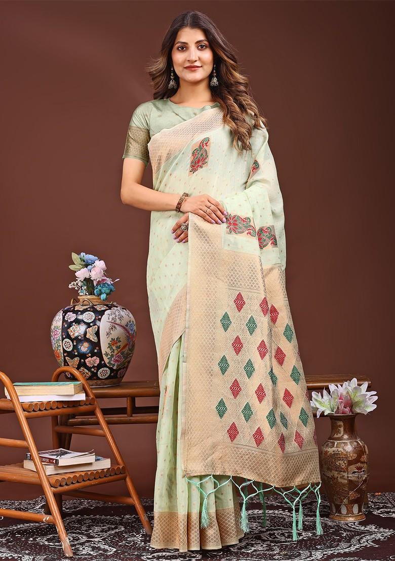 Green Printed Blended Saree Set - Indya