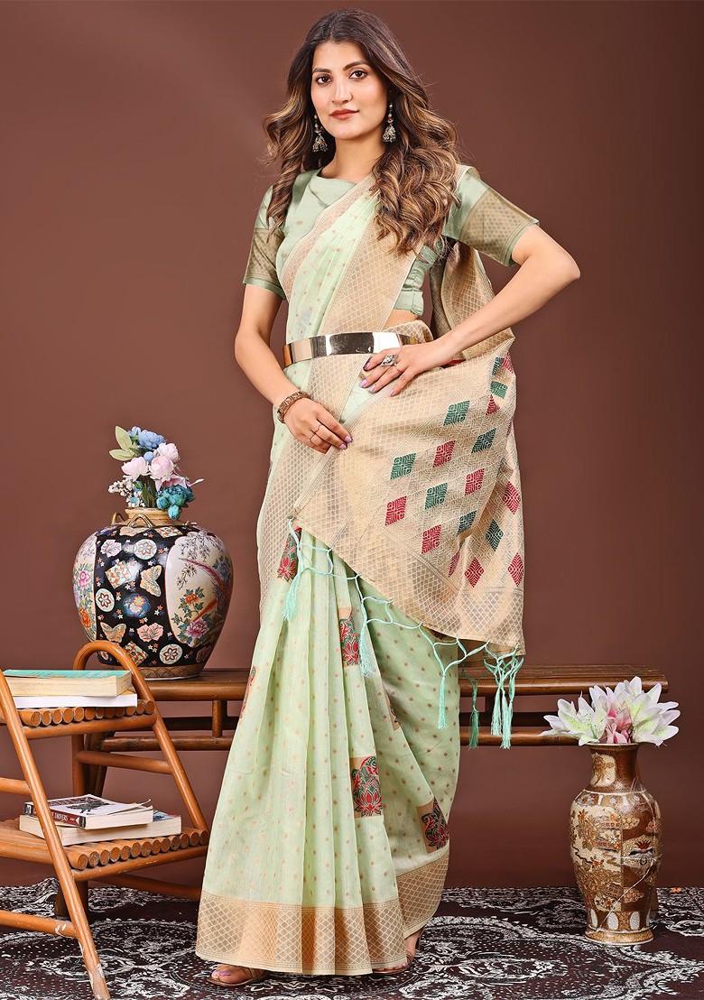 Green Printed Blended Saree Set - Indya