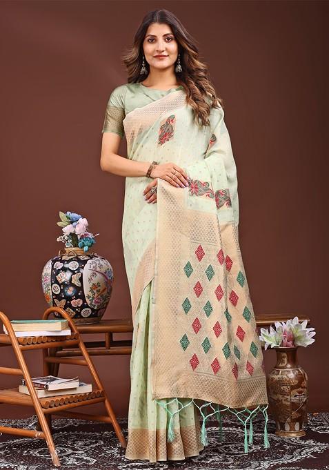 Green Printed Blended Saree Set