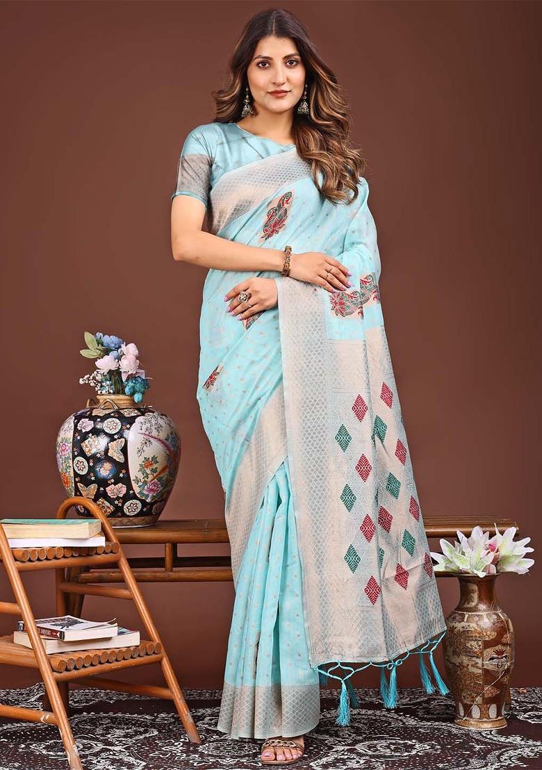 Blue Zari Printed Blended Saree Set - Indya