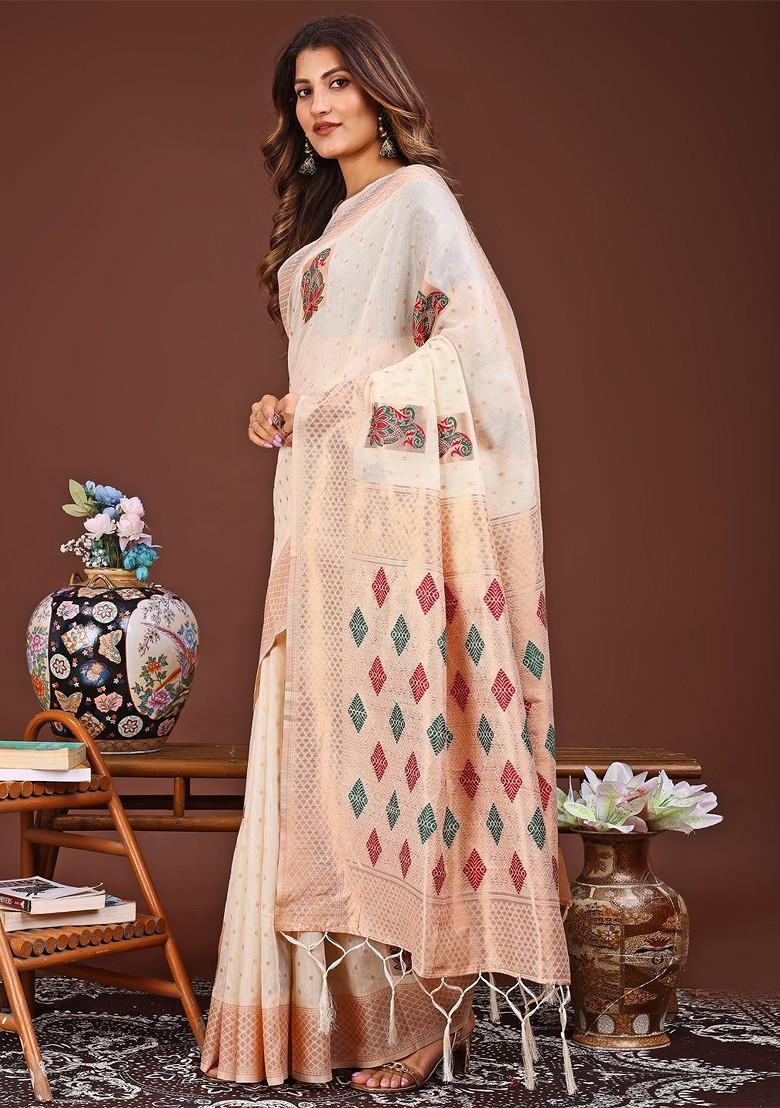 White Zari Printed Blended Saree Set - Indya