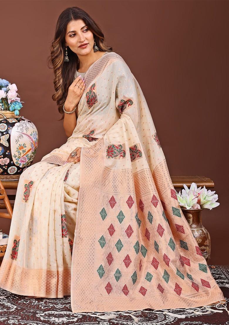 White Zari Printed Blended Saree Set - Indya