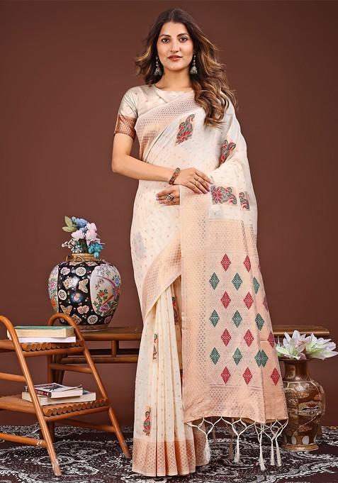 White Zari Printed Blended Saree Set