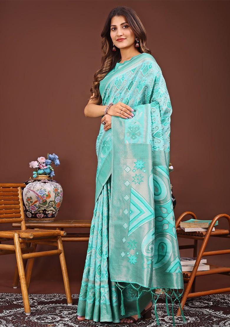 Teal Zari Printed Blended Saree Set - Indya