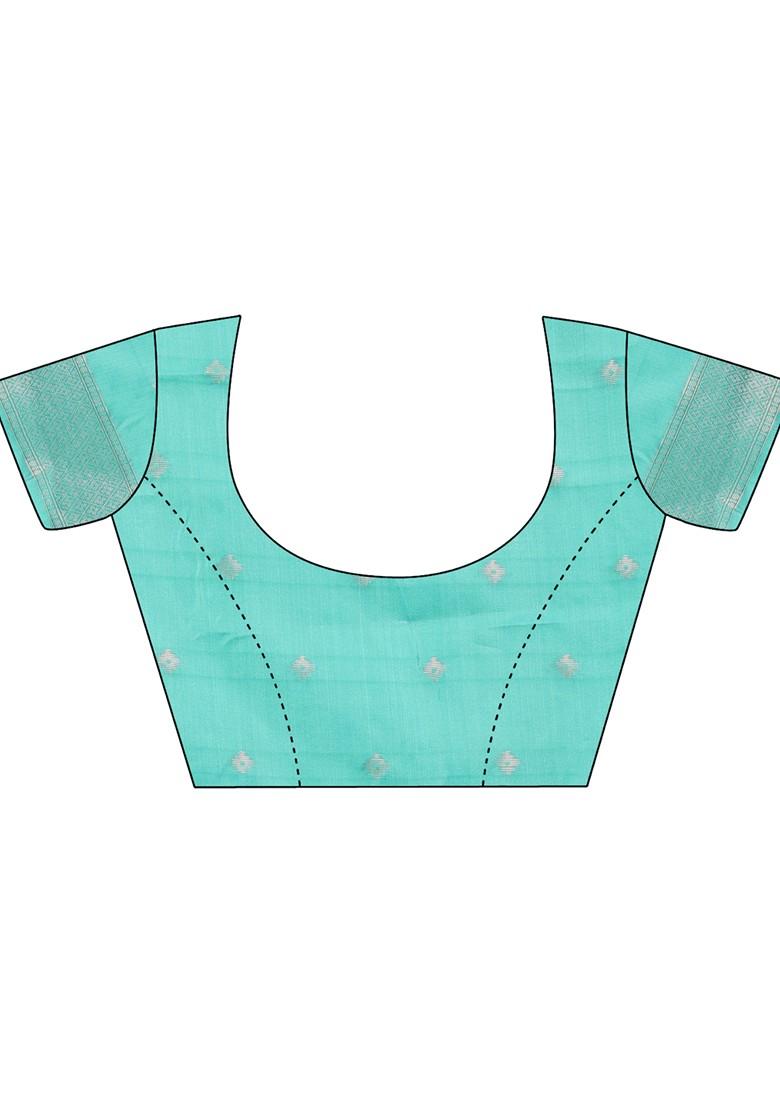 Teal Zari Printed Blended Saree Set - Indya