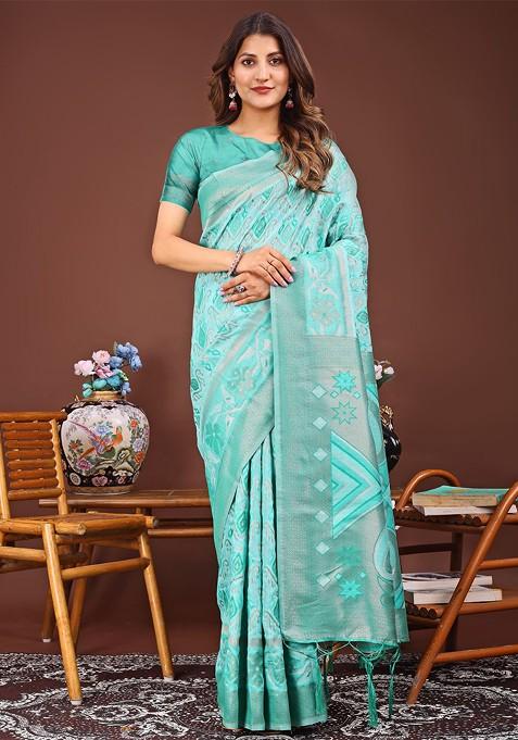 Teal Zari Printed Blended Saree Set