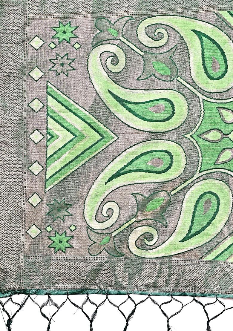 Green Zari Printed Blended Saree Set - Indya