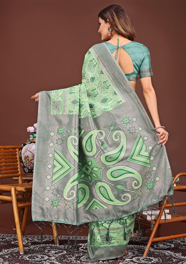 Green Zari Printed Blended Saree Set - Indya