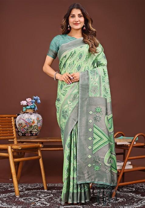 Green Zari Printed Blended Saree Set