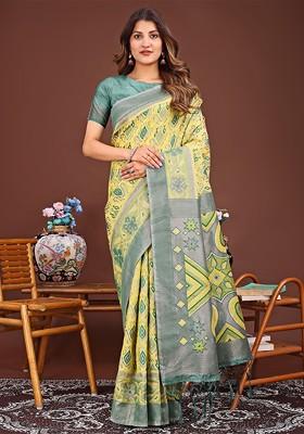 Yellow Embroidered Blended Saree Set