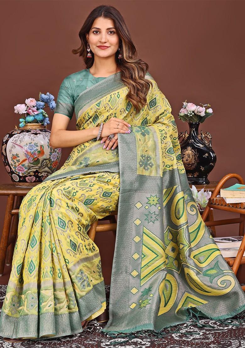 Yellow Embroidered Blended Saree Set - Indya