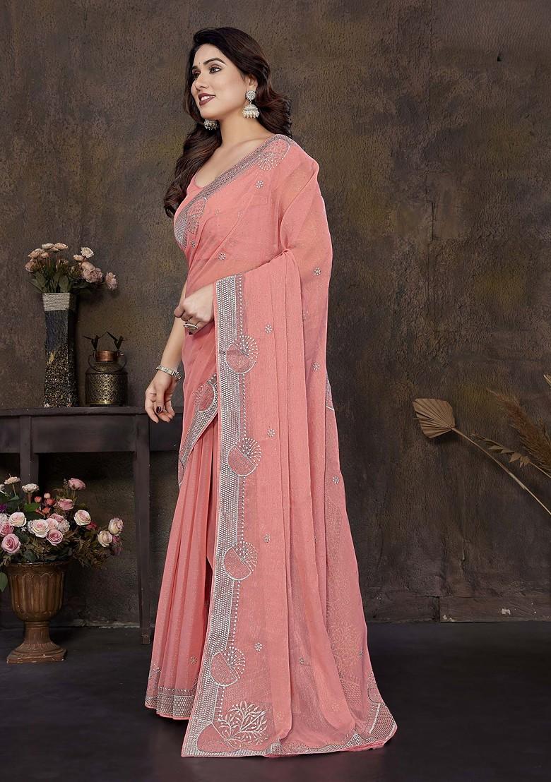 Peach Embellished Blended Saree Set - Indya