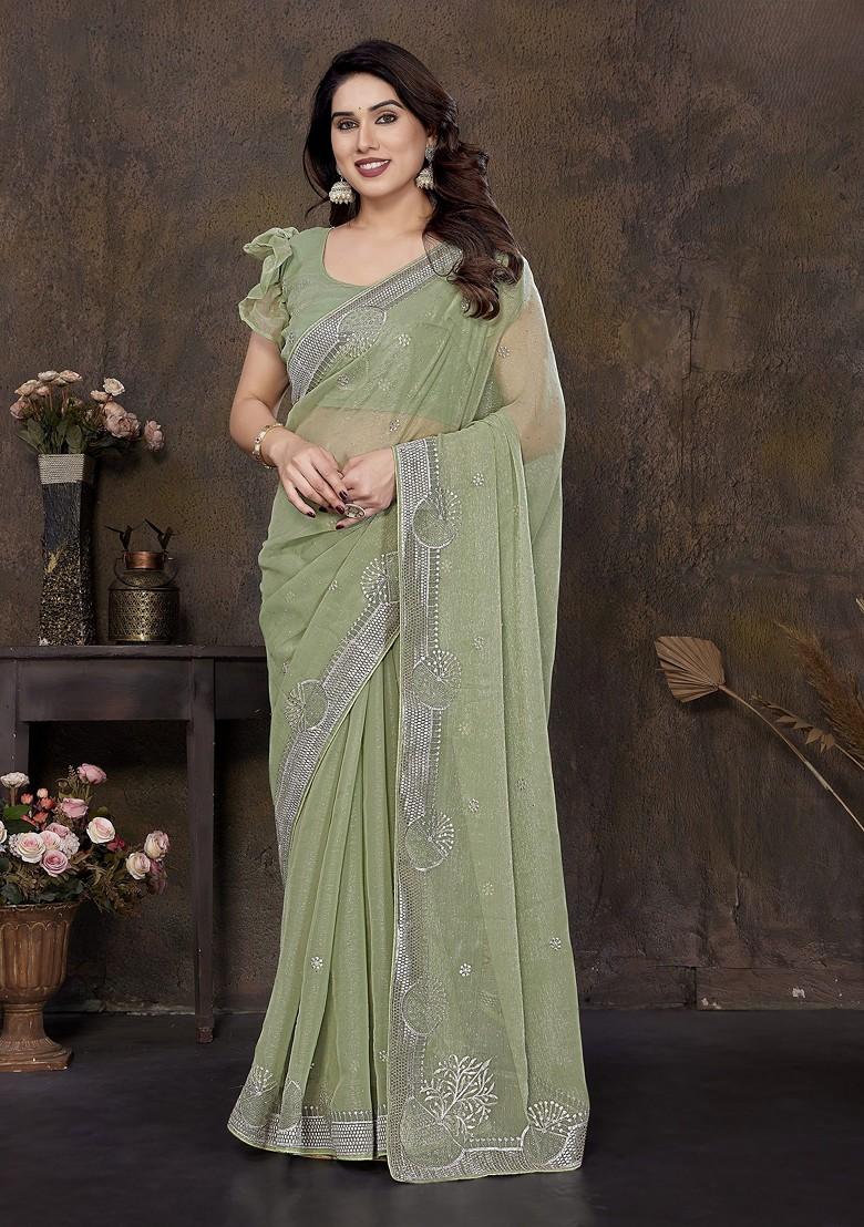 Green Embellished Blended Saree Set - Indya