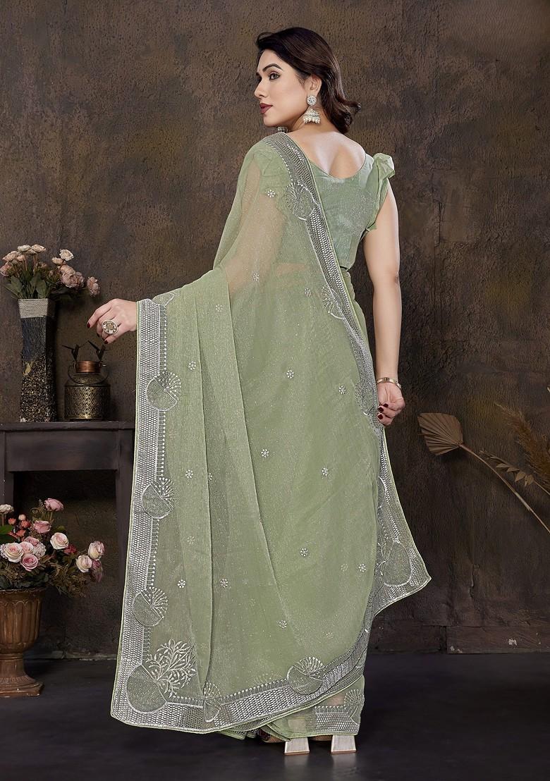 Green Embellished Blended Saree Set - Indya