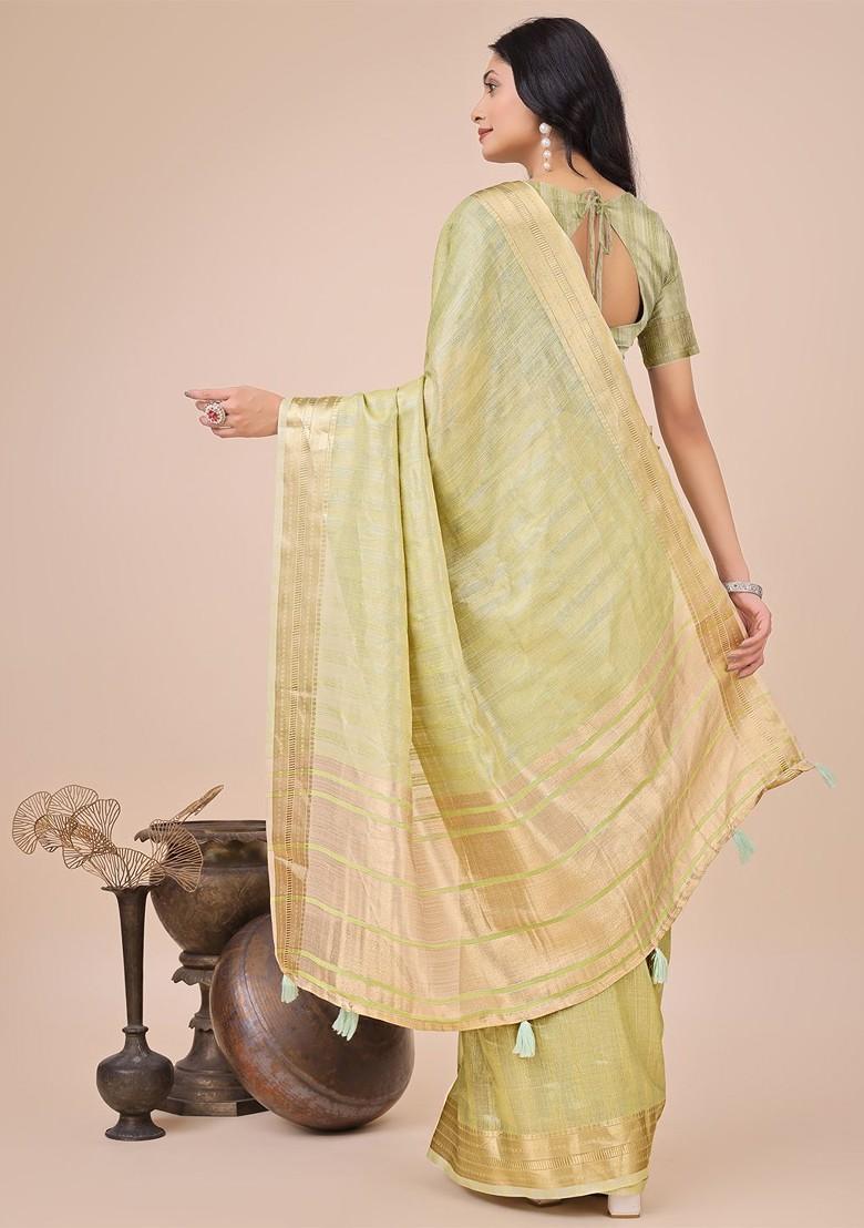 Green Zari Printed Blended Saree Set - Indya