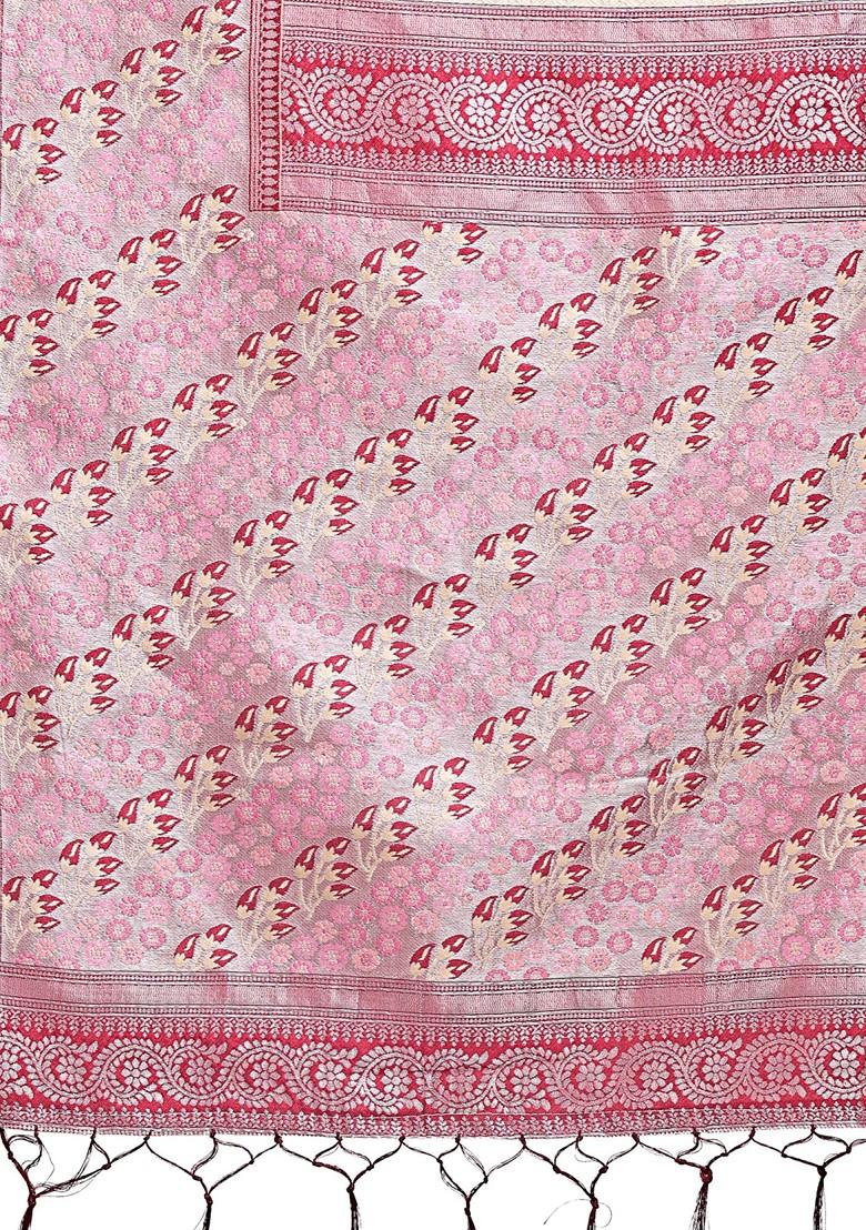 White Zari Printed Blended Saree Set - Indya