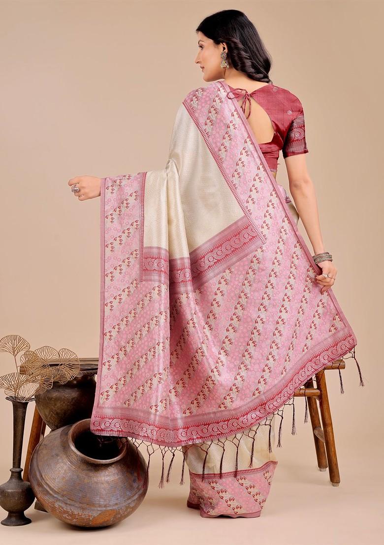 White Zari Printed Blended Saree Set - Indya