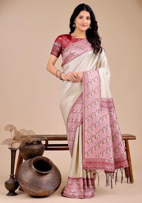 White Zari Printed Blended Saree Set