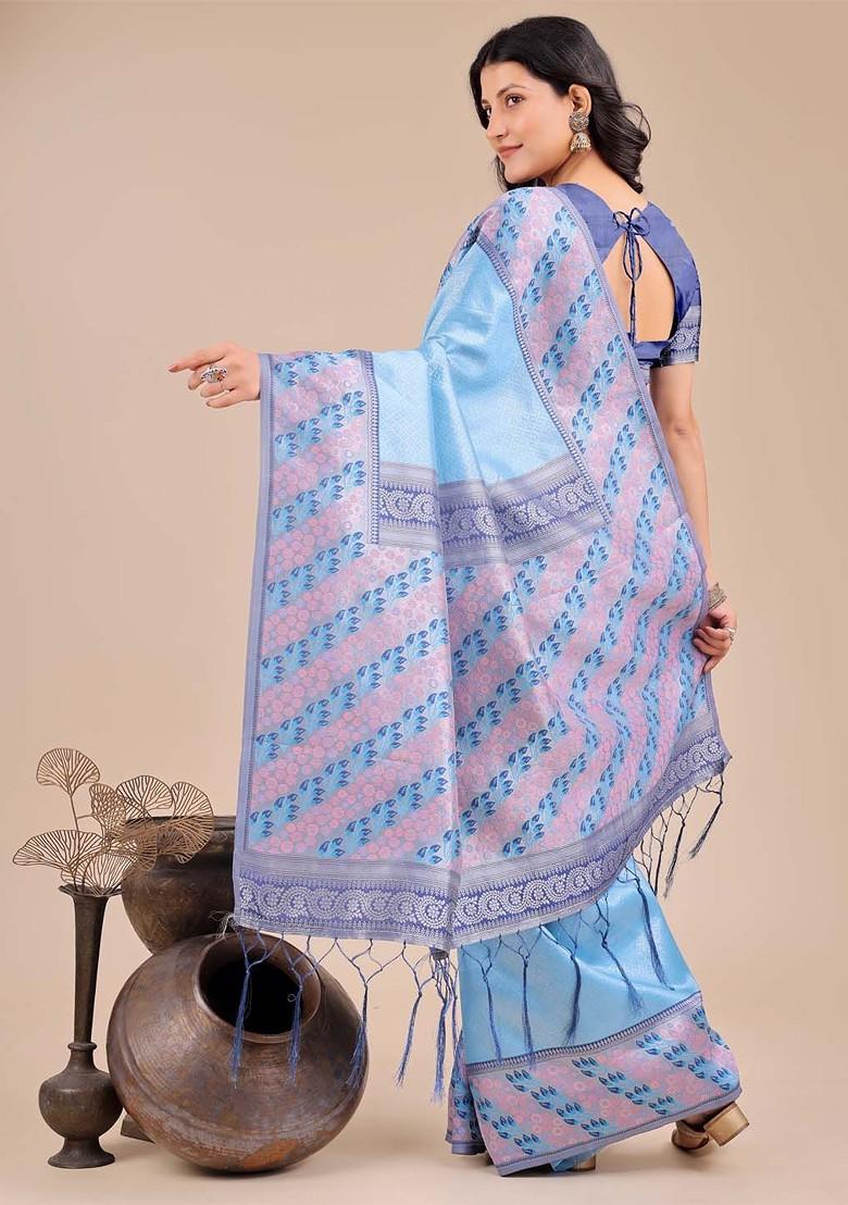 Blue Zari Printed Blended Saree Set - Indya