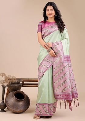 Green Zari Printed Blended Saree Set