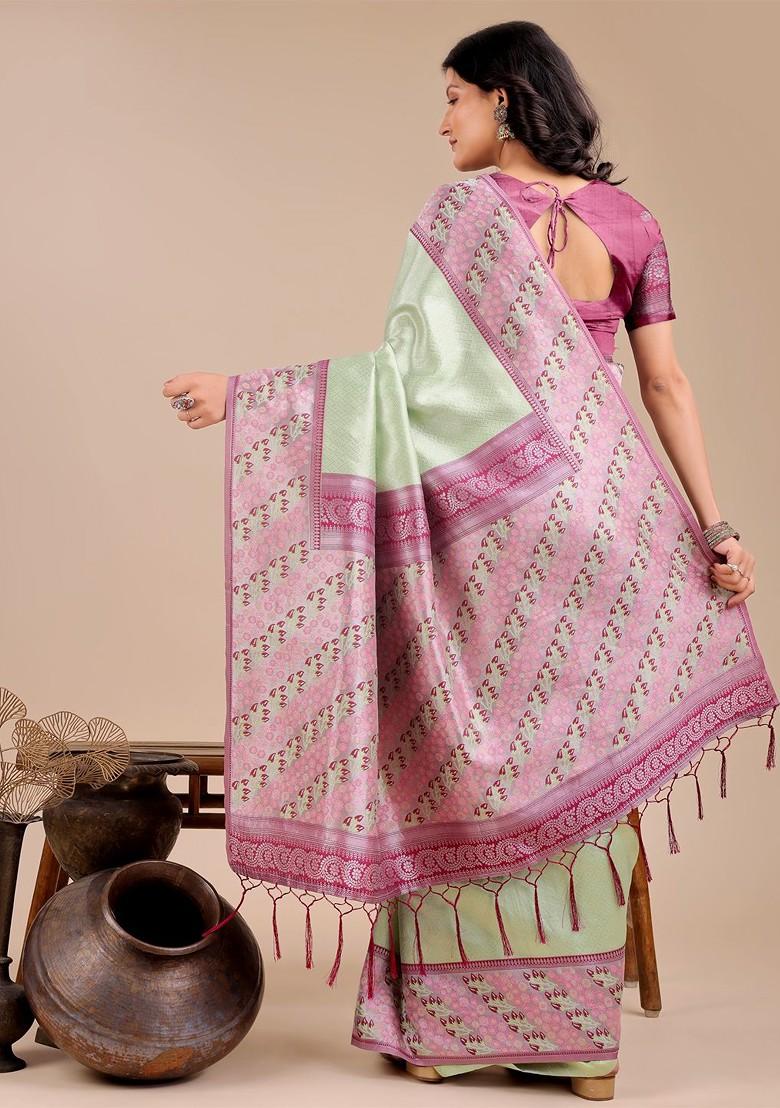 Green Zari Printed Blended Saree Set - Indya