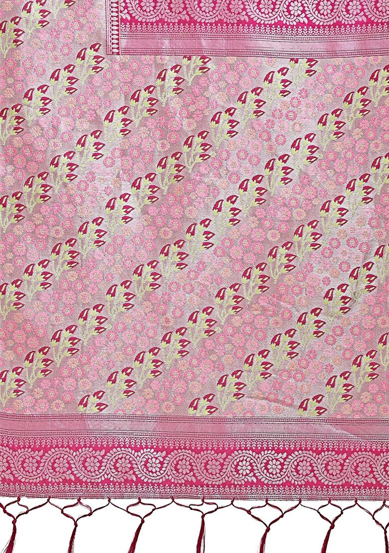 Green Zari Printed Blended Saree Set - Indya