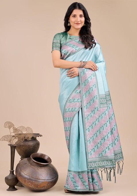 Blue Zari Printed Blended Saree Set