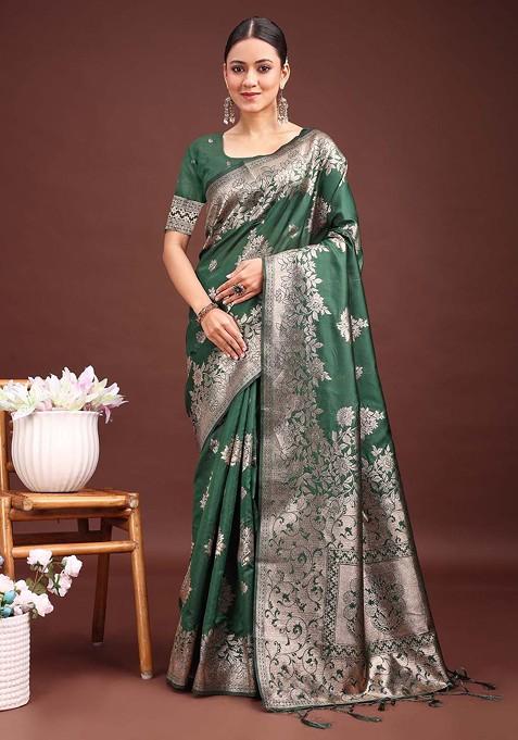 Green Zari Printed Blended Saree Set