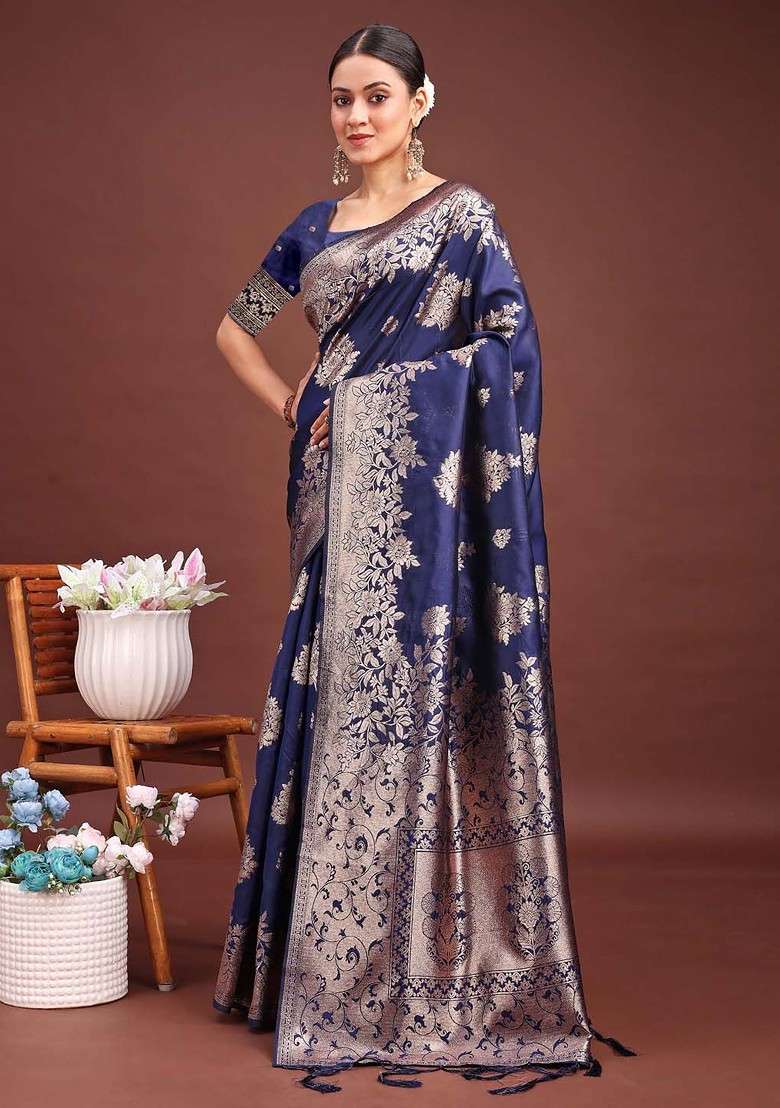 Blue Blended Saree Set with Printed for Diwali | Wedding & Festive Wear - Indya