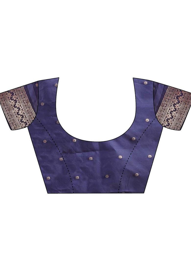 Blue Printed Blended Saree Set - Indya