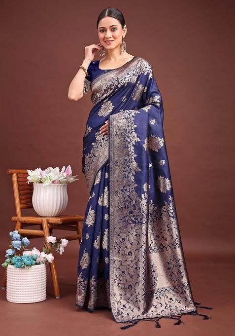 Blue Printed Blended Saree Set