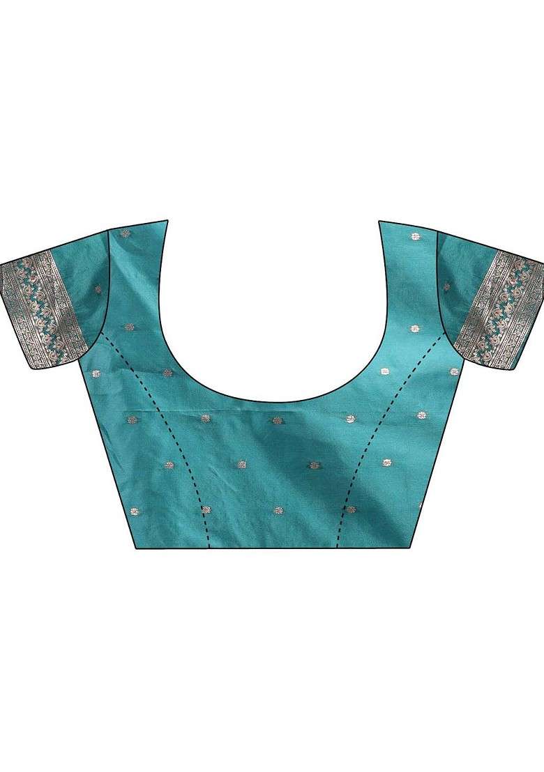 Teal Zari Printed Blended Saree Set for Diwali and Festive Wear - Indya