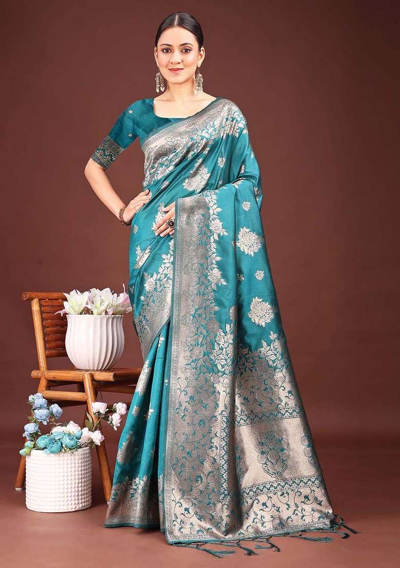 Teal Zari Printed Blended Saree Set for Diwali and Festive Wear - Indya