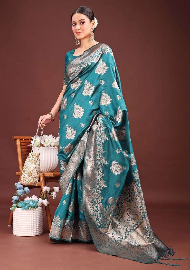 Teal Zari Printed Blended Saree Set for Diwali and Festive Wear - Indya