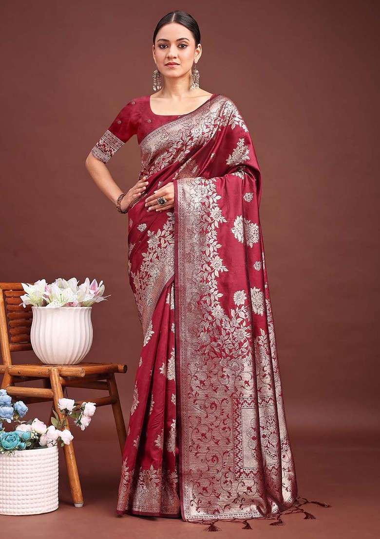 Maroon Zari Blended Saree Set with Printed for Diwali | Wedding & Festive Wear - Indya