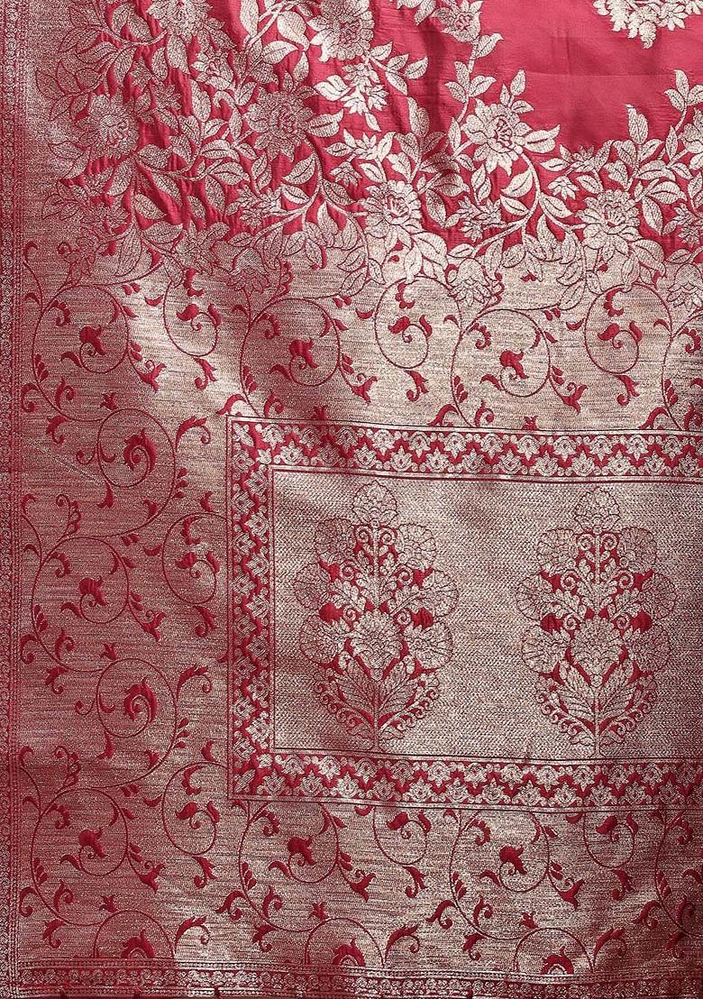 Maroon Zari Printed Blended Saree Set - Indya