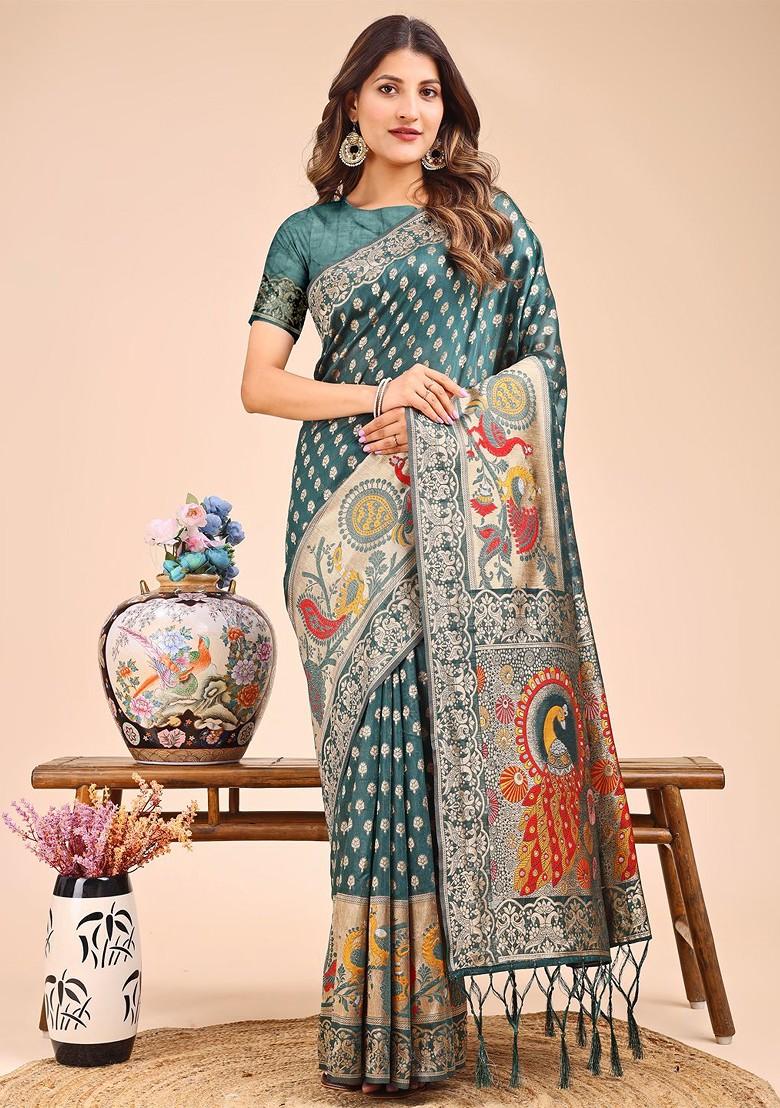 Teal Zari Printed Blended Saree Set - Indya