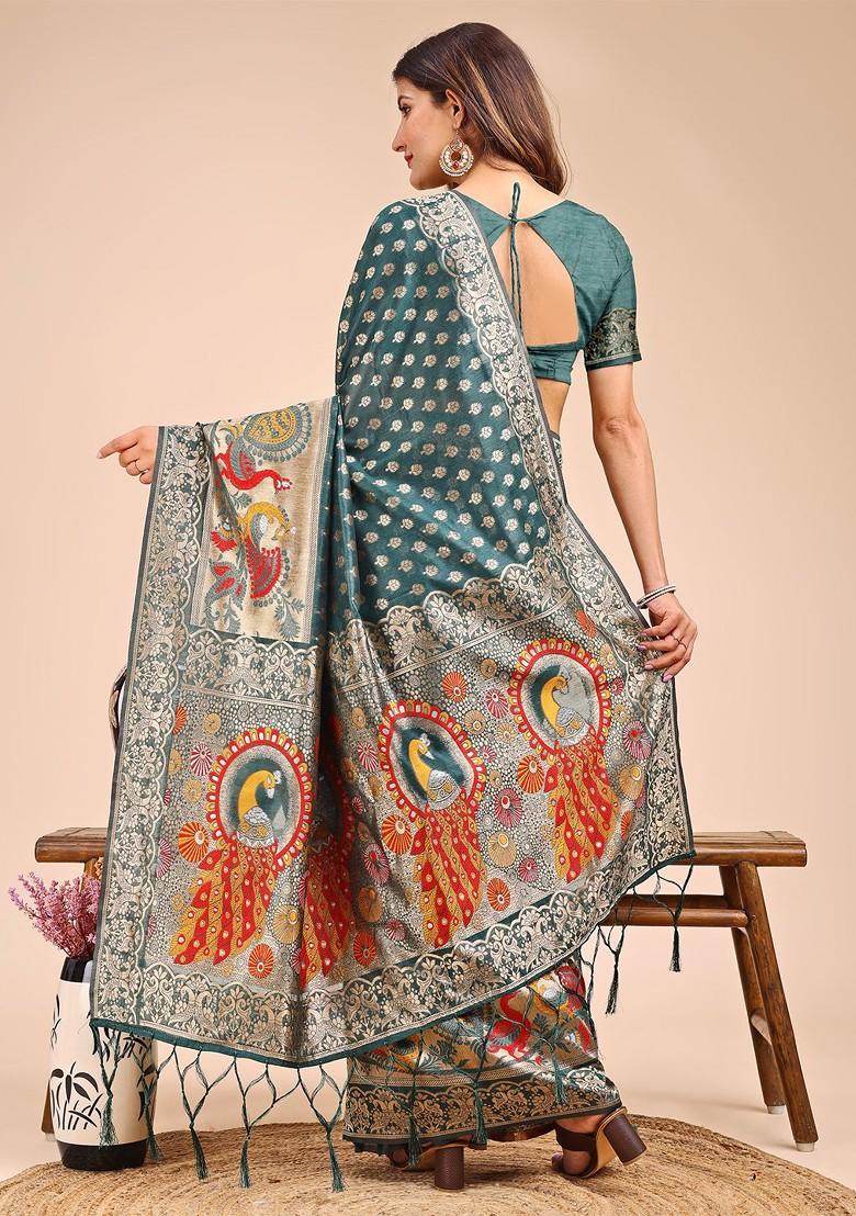 Teal Zari Printed Blended Saree Set - Indya