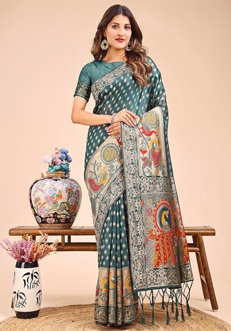 Teal Zari Printed Blended Saree Set