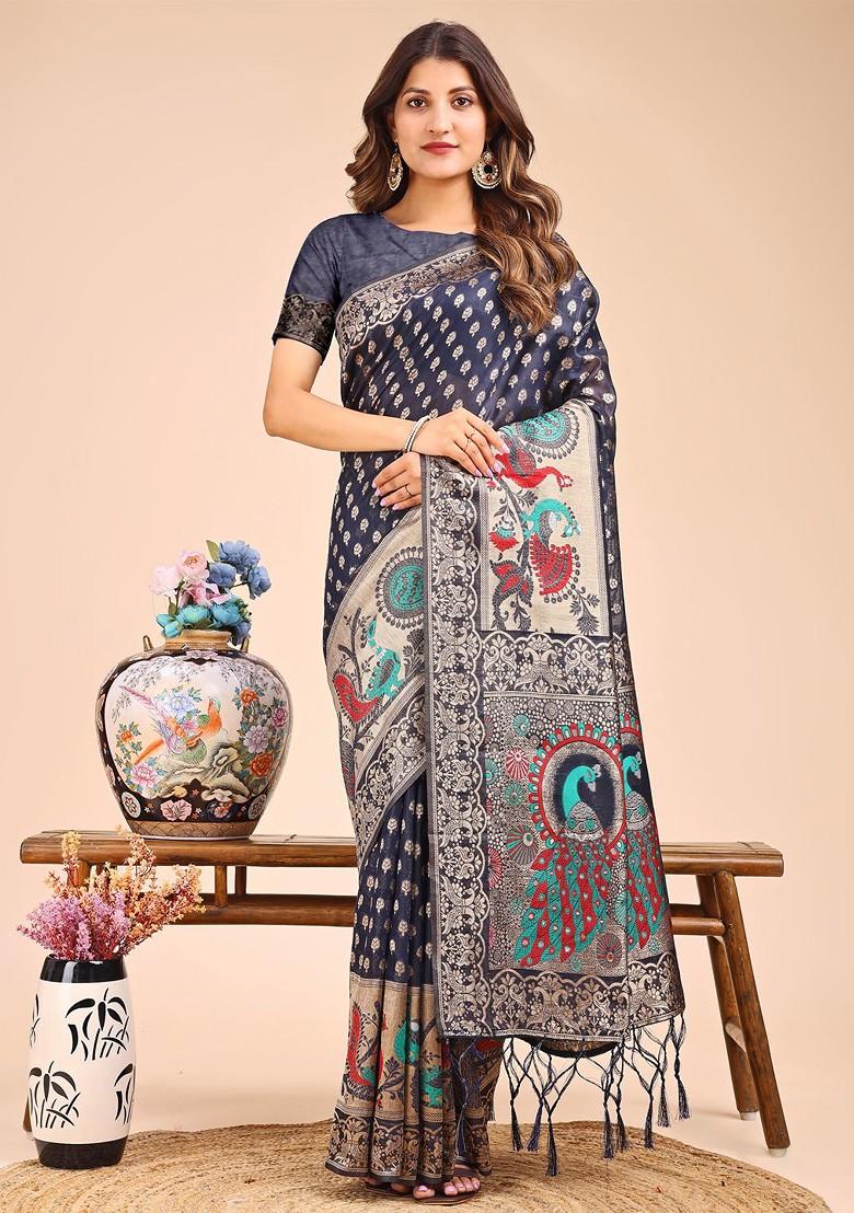 Blue Zari Printed Blended Saree Set - Indya