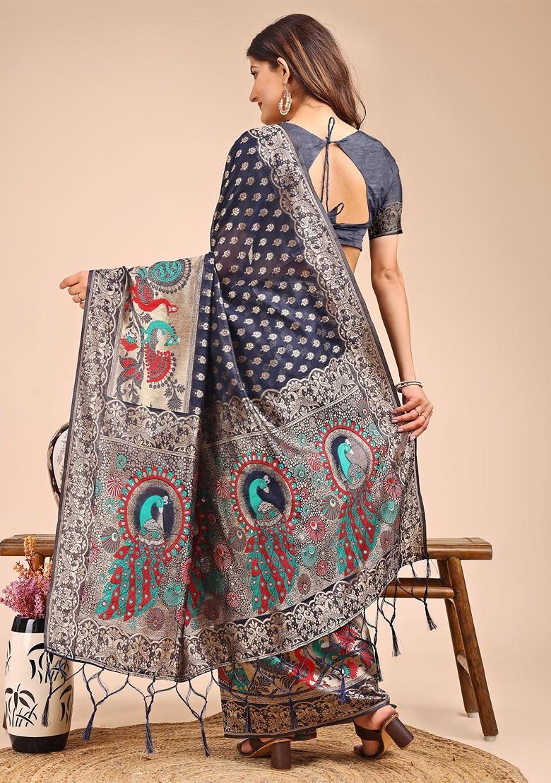 Blue Zari Printed Blended Saree Set - Indya