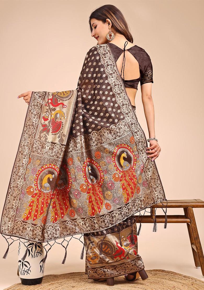 Brown Zari Printed Blended Saree Set - Indya