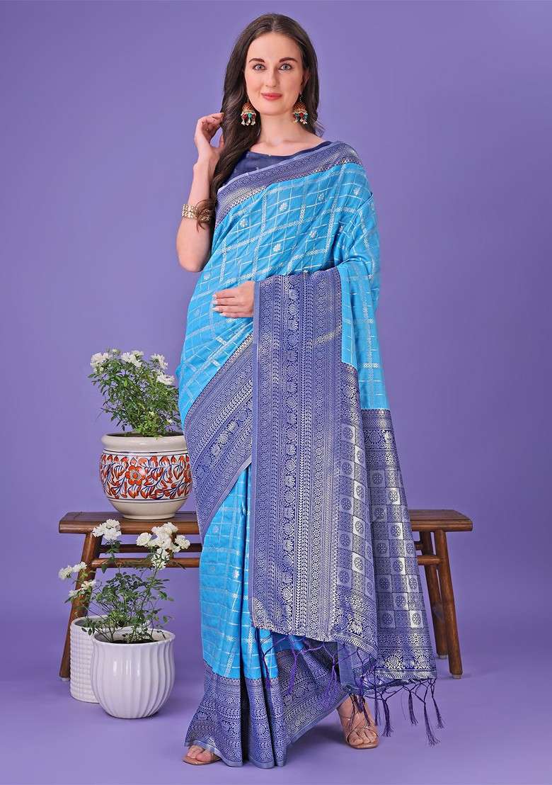 Blue Embroidered Blended Saree Set - Indya